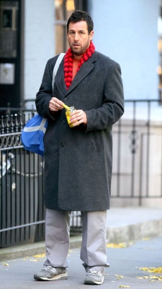 Gray Overcoat with Red Scarf and Beige Pants